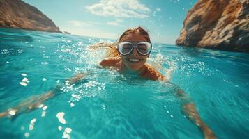 Young woman enjoying a swim in clear blue water near rocky coastline on a sunny day. photo