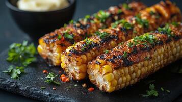 Grilled corn on the cob garnished with herbs served on a dark stone plate. photo