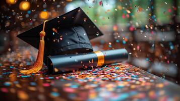 Celebrating graduation with cap, diploma, and colorful confetti in a festive atmosphere. photo