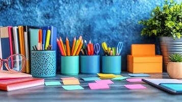 Colorful workspace with stationery and supplies on a blue textured background. photo