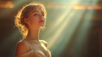 Elegant young woman illuminated by soft sunlight in a serene setting. photo