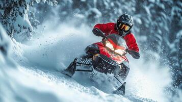 Snowmobile rider navigating through a snowy forest in winter sunlight near mountains. photo