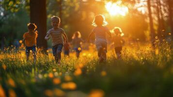 Children running joyfully in a sunlit meadow during sunset. photo