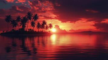 Vibrant sunset over palm trees reflecting on calm waters of tropical island. photo
