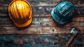 Construction helmets and a hammer arranged on a wooden surface in a workshop. photo