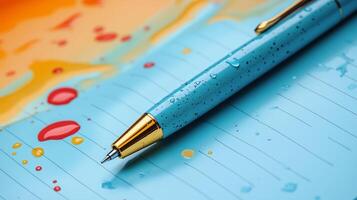 Blue pen lying on wet paper with colorful paint droplets in a creative workspace. photo