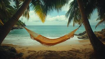 Relaxing hammock between palm trees overlooking a tranquil beach and clear ocean waters. photo