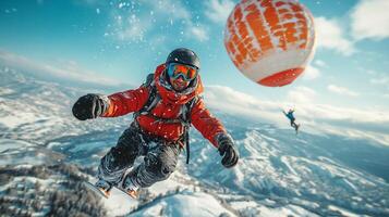 Snowboarder gliding through the air with a colorful parachute over snowy mountains in bright blue skies. photo