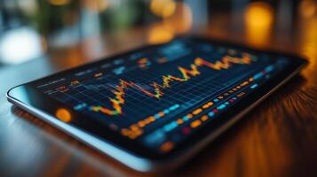 Dashboard displaying stock market trends with vibrant graphs in evening light. photo