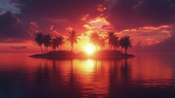 Vibrant sunset over tropical island with palm trees reflecting on calm waters. photo