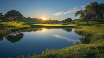 Sunrise over a serene golf course with reflections on a calm pond. photo
