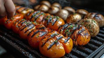 Grilling vegetables at a summer cookout in a backyard setting during golden hour. photo