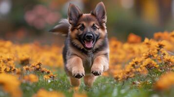Happy puppy running through vibrant flower field on a sunny day in springtime. photo