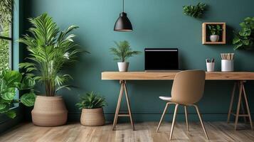 Modern workspace features greenery and a sleek desk with a laptop and stylish decor. photo