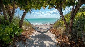 Relaxing hammock between palm trees with ocean view during sunny day. photo