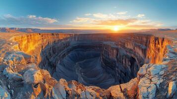 Breathtaking sunset over the vast canyon landscape at dusk in a desert region. photo