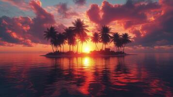 Vibrant sunset over tropical island with palm trees reflecting on calm water. photo