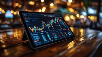 Stock market trends displayed on a tablet in a cozy cafe during evening hours. photo