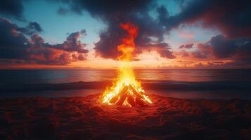 Campfire burns brightly on a beach at sunset with colorful sky and ocean waves. photo