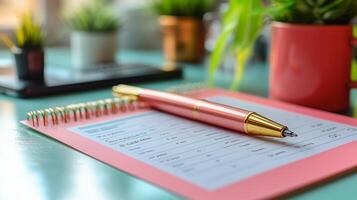 Elegant pen resting on a formatted notepad with plants in a bright workspace. photo