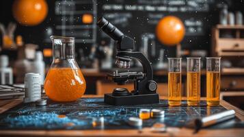 Colors and experiments in a laboratory with equipment and scientific materials on the table. photo