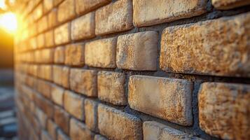 Warm sunlight illuminating a rustic brick wall during sunset. photo