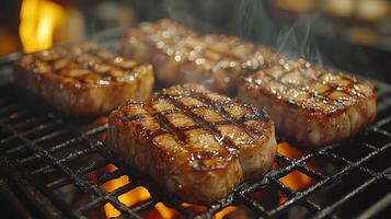 Grilling juicy steaks on a barbecue during a summer gathering in an outdoor setting. photo