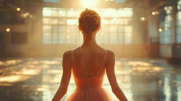 Ballet dancer practicing at sunset in a spacious studio with warm light. photo