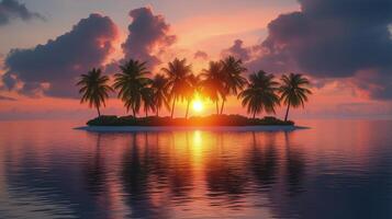 Vibrant sunset over a tropical island with palm trees reflected in calm water. photo
