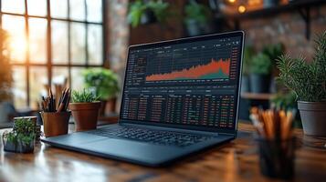 Stock market data displayed on a laptop in a cozy workspace with plants. photo