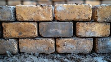 Construction process with yellow and grey bricks stacked harmoniously in a building site. photo