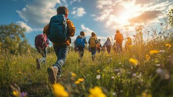 Children hiking in a sunny meadow filled with wildflowers during afternoon. photo