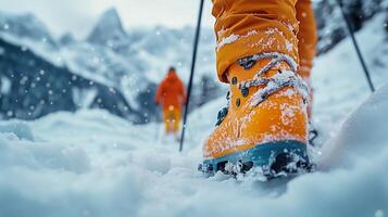 Snowy mountain trek with bright orange boots and climbers in the distance during winter. photo