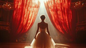 Ballerina preparing for performance in theater with red curtains on stage at sunset. photo