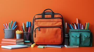 Colorful study setup with orange backpack, books, and stationery on vibrant background. photo
