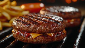 Grilled burgers with melted cheese and ketchup beside crispy french fries on a barbecue grill. photo