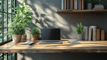 Modern workspace design with plants and natural light in a cozy environment. photo