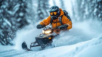 Snowmobiler navigating through a snowy forest on a winter day. photo