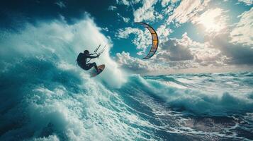 Kite surfer performing a jump over ocean waves during a bright and cloudy afternoon. photo