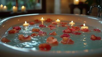 Relaxing bath with floating rose petals and candles for a tranquil evening retreat. photo