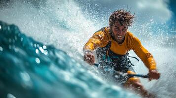 Surfer rides a powerful wave at a tropical beach during sunny weather. photo