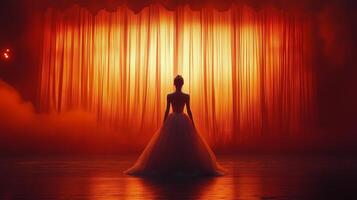Dancer in elegant dress prepares backstage before performance in warm, dramatic lighting. photo