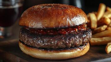 Gourmet burger with barbecue sauce and crispy fries served on a wooden platter. photo