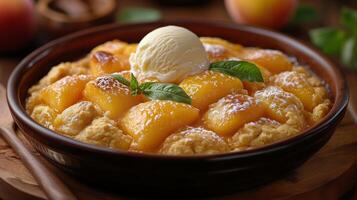 Delicious peach cobbler served with ice cream in a rustic bowl. photo