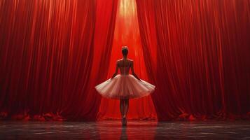 Ballerina in white tutu prepares for a performance on stage with red curtains illuminated by bright lights. photo