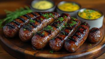 Grilled sausages served with mustard and sauce on a rustic wooden platter. photo