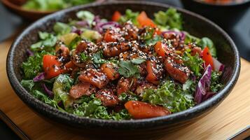 Fresh salad with grilled chicken and colorful vegetables served in a bowl. photo