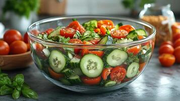 Fresh vegetable salad with tomatoes and cucumbers prepared on kitchen counter in daylight. photo