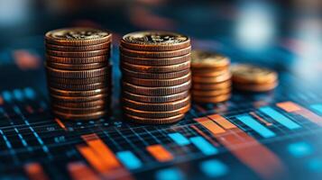 Stacks of coins on a financial chart showcasing investment growth and market trends. photo