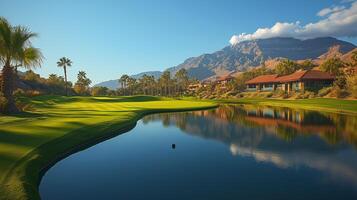 Scenic golf course by a tranquil lake with mountains in the background during daytime. photo